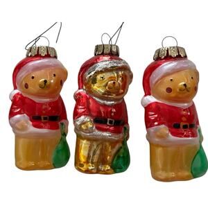 Christmas Ornament Glass 3 Teddy Bears Santa 3 1/2" Tall Vintage Holiday